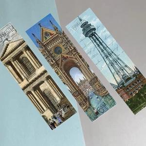 Set of vintage bookmarks featuring European landmarks like the Eiffel Tower and Venice