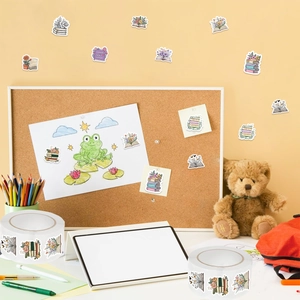 Floral and book theme stickers shown on a cork board and journal for stationery decoration