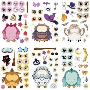 DIY cartoon owl stickers set with magic hats and expressions for journaling decoration