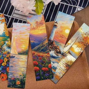 Set of artistic oil painting bookmarks featuring scenic landscapes on cork background