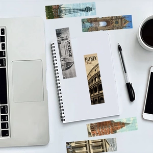 Vintage European architecture bookmarks showing Rome landmarks in a spiral notebook