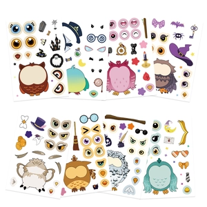 DIY cartoon owl stickers with various expressions and Halloween accessories on white background
