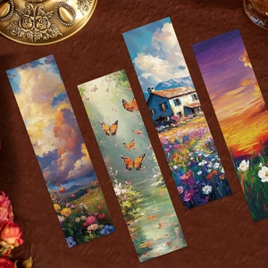 Set of 4 artistic oil painting bookmarks featuring sunset and floral landscape scenes