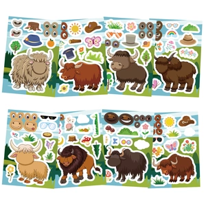 Detail showing 8 sheets of cartoon highland cow DIY stickers with various facial expressions