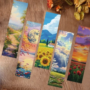 Artistic oil painting landscape bookmarks set of 5 on a rustic wooden background