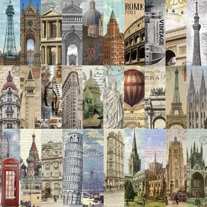 Set of 30 vintage architectural paper bookmarks featuring world landmarks like Eiffel Tower
