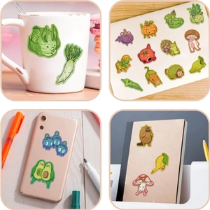 DIY cartoon fruit animal stickers applied on mug, phone case and laptop surfaces