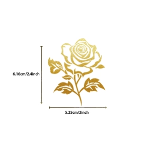 Detailed size view of gold metallic rose sticker measuring 2.4 by 2 inches
