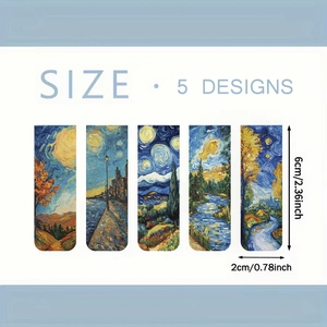 Detailed dimensions of 5 Van Gogh magnetic bookmarks with art designs and 6x2cm sizing