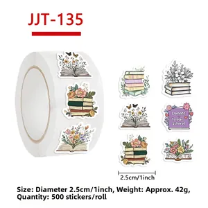 Detail view of 1-inch floral book stickers showing 2.5cm diameter and assorted patterns