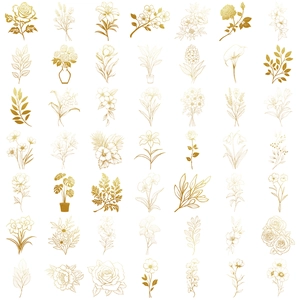 Set of 50 transparent gold foil floral stickers with elegant plant line art designs