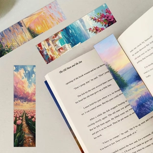 Macro view of artistic oil painting bookmarks with floral and sunset texture details