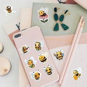 Cartoon bee decorative stickers on a pink phone back with elegant accessories
