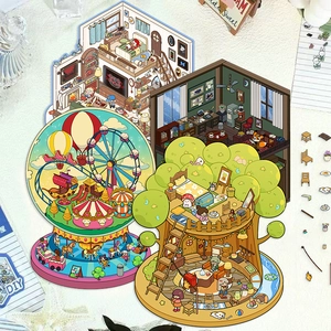 Kit d'autocollants 3D scènes miniatures DIY avec cabane dans les arbres et carrousel