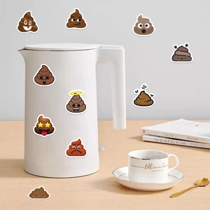 Funny poop emoji stickers roll applied on white electric kettle for creative decoration
