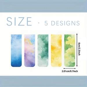 Set of 5 watercolor style magnetic bookmarks with floral patterns and size specifications