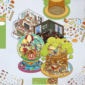 Kit stickers 3D maison de dessin animé miniature avec matériau PET et carte décor