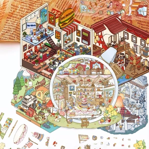 Detail van 3D-miniatuurwereld cartoon stickers met burgerwinkel en huisscènes