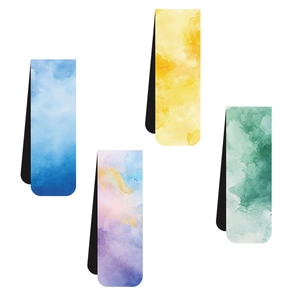Set of 4 watercolor magnetic bookmarks in blue, yellow, purple, and green floral designs