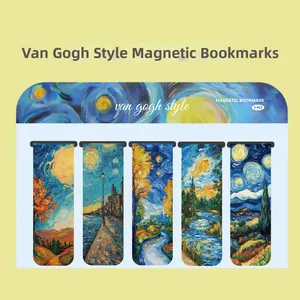 Detailed set of 5 Van Gogh oil painting magnetic bookmarks featuring Starry Night and Sunflowers