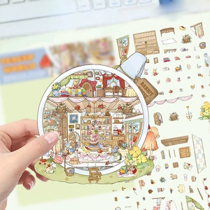 Detail van 3D-konijnenhuis scènestickers met miniatuurmeubels en florale decoratieve stickers