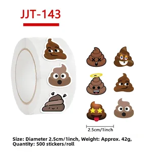 Detail of 1-inch poop emoji stickers in a 500-count roll for envelopes and journals