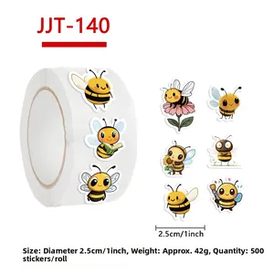 Detail of cartoon bee decorative sticker roll showing size 2.5cm and pattern variety