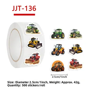 Detailed close-up of cartoon tractor stickers roll with 500 decorative labels for kids