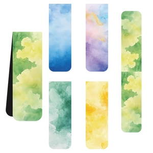 Set of 6 watercolor magnetic bookmarks with artistic gradient designs on white background