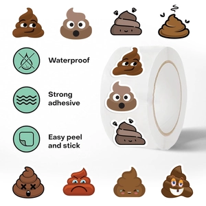 Roll of funny poop emoji stickers with waterproof features and strong adhesive detail
