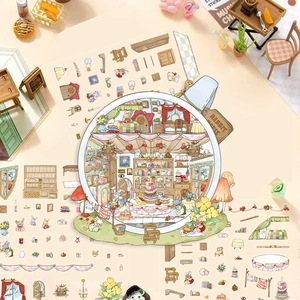 Macro-opname van 3D Konijnenhuis DIY-stickers met schattige meubels en personages