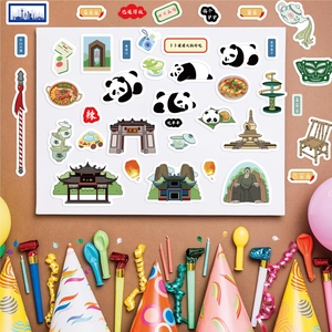 Cartoon Sichuan tourism stickers featuring giant pandas, spicy hotpot, and landmarks