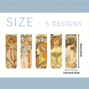 Detailed view of five vintage Art Nouveau magnetic bookmarks with dimensions and Mucha portraits