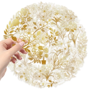 50pcs golden botanical PET stickers with transparent floral designs for journals