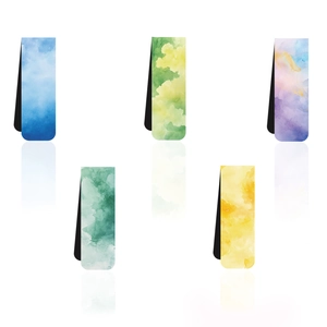 Detailed view of five watercolor style magnetic bookmarks with soft artistic textures