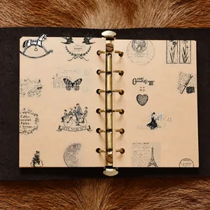 Dettaglio del taccuino in pelle vintage con raccoglitore in metallo e pagine retrò