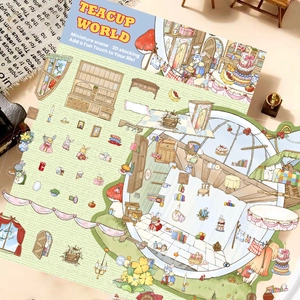 Close-up van 3D Teacup World-stickers met miniatuurmeubels en schattige konijnmotieven
