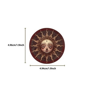 Detailed view of sun face sticker with 1.9 inch dimensions for laptop and guitar