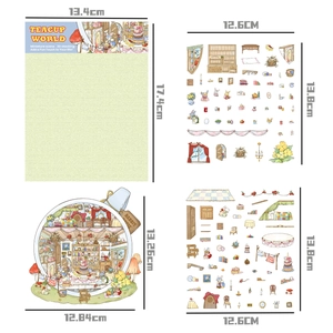 DIY Teacup World stickerset met afmetingen van de 3D miniatuur konijnenhuis scène