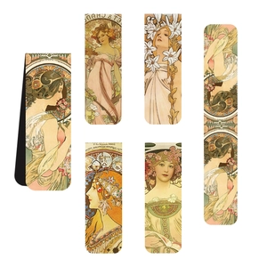 Set of 6 magnetic bookmarks with vintage Alphonse Mucha art for reading and planning