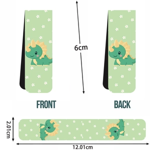 Detail showing dimensions and folding structure of the green cartoon dinosaur magnetic bookmark