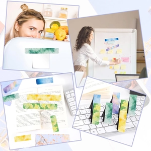 Magnetic watercolor bookmarks shown on laptop and books in multi-scene collage