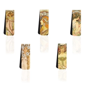 Five-piece Art Nouveau magnetic bookmark set featuring Alphonse Mucha vintage illustrations