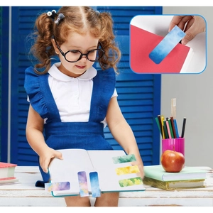 Artistic watercolor bookmark stickers used as colorful page markers in a reading scene