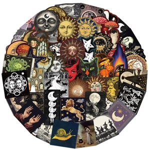 Flat lay of vintage mystical celestial stickers with sun moon and tarot card illustrations
