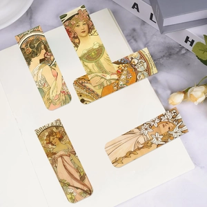 Art Nouveau magnetic bookmarks with vintage female portraits and floral designs on book pages