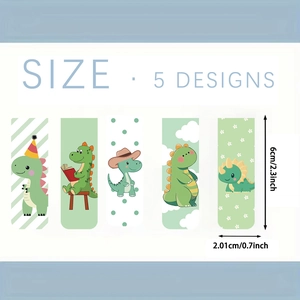 Set of 5 cartoon dinosaur magnetic bookmarks with precise dimension labels on white background
