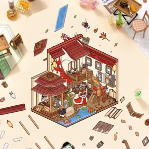 Gedetailleerd bovenaanzicht van een 3D DIY miniatuurpaviljoen met leeuwen en lantaarns