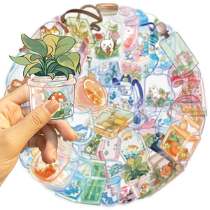 50pcs set of clear waterproof PET stickers with cute botanical and jar illustrations