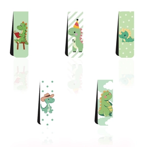 Set of 5 cute cartoon dinosaur magnetic bookmarks with vibrant pastel green colors
